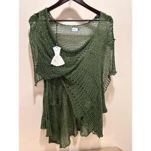 B&K Moda Los Angeles Womens Green Open Knit Crochet Draped Asymmetrical Top NWT